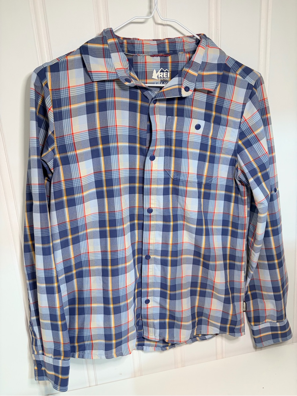 REI Boys’ Navy and Light Blue Plaid Button-Down Shirt with Orange Accents